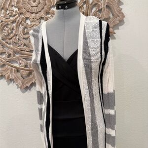 Chic Striped Cardigan in Black, White, and Gray